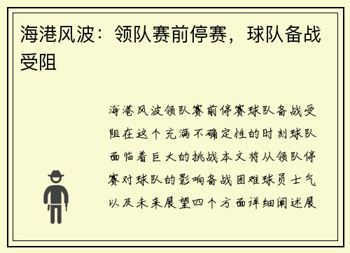 海港风波：领队赛前停赛，球队备战受阻